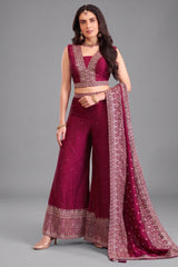 Wine art silk sequin embroidered crop top palazzo set for weddings