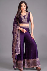 Purple art silk sequin embroidered crop top palazzo set with dupatta