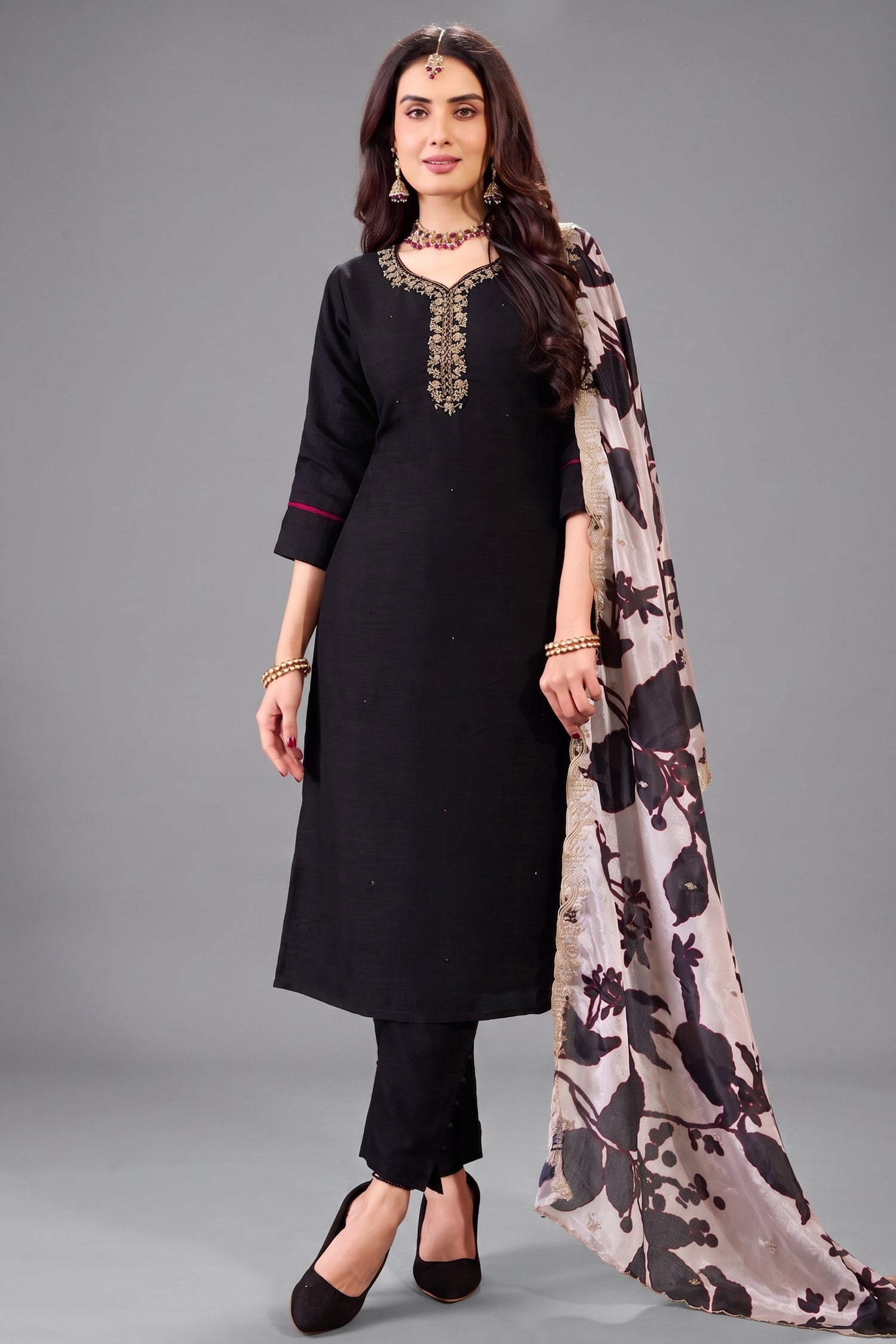 Black art silk straight cut suit with beadwork and embroidery