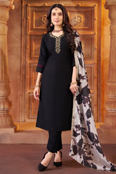 Model wearing black art silk straight cut suit with printed dupatta