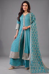 Sky blue chinon chiffon silk sequin embroidered slit cut palazzo suit