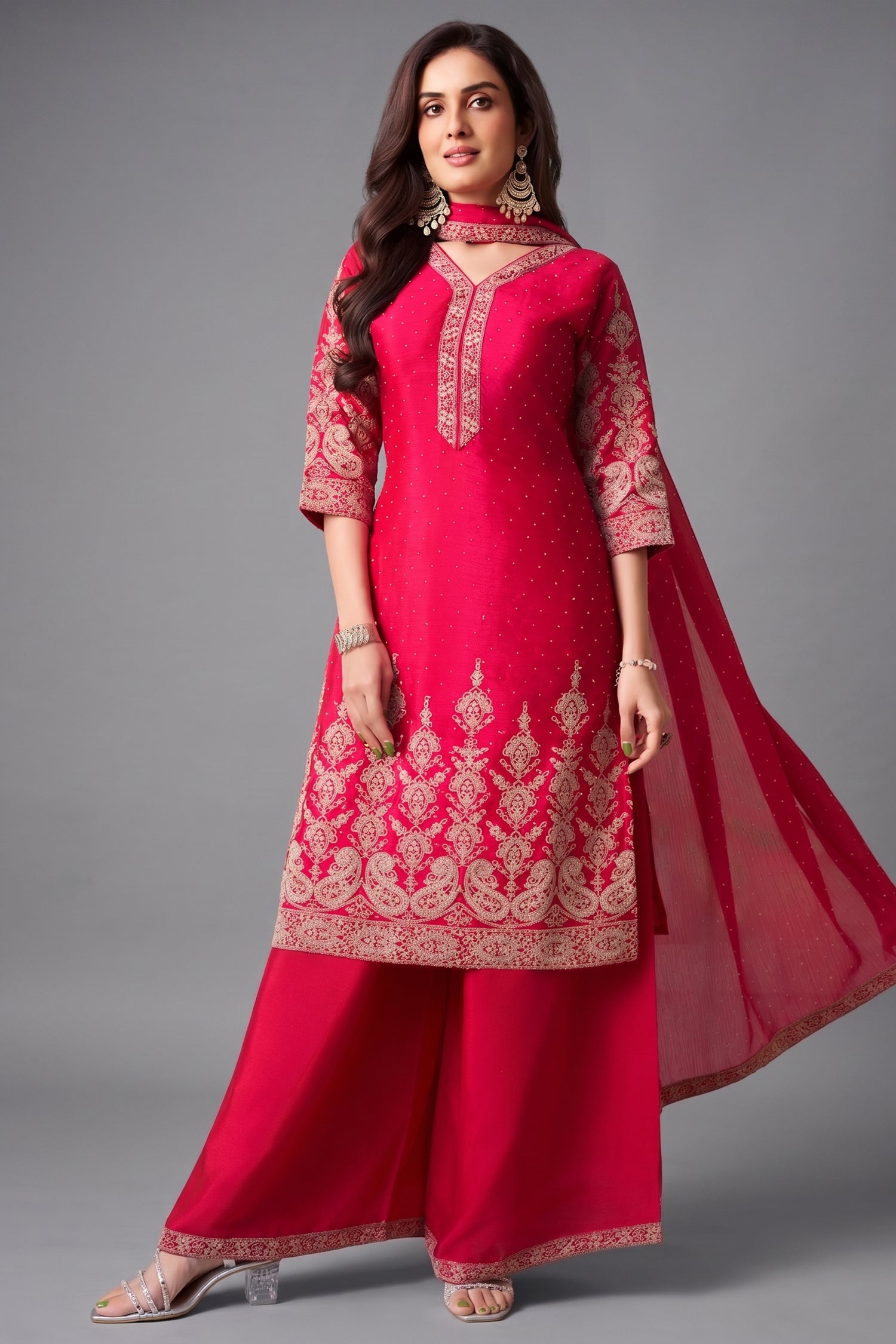 Pink chinon silk embroidered straight cut suit with palazzo pants