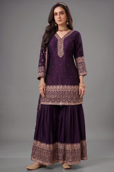 Wine art silk sequin embroidered sharara suit for weddings and festive wear