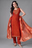 Rust orange mirror embroidered straight cut suit with banarasi dupatta