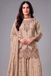 Beige chinon palazzo suit back view showing intricate embroidery work