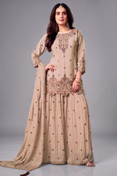 Beige chinon embroidered palazzo suit - front view with detailed embroidery