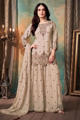 Beige chinon embroidered palazzo suit full-length view with dupatta