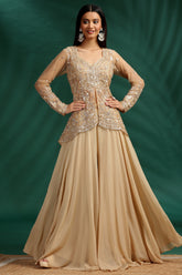 Styling and back view of Beige Net Glass Tissue Organza Palazzo Set