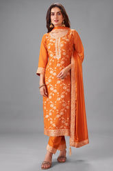 Orange Art Silk Woven Straight Cut Suit front view fabric details