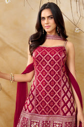 Dupatta and straight cut details of the Dark Rani Pink Georgette Palazzo Suit