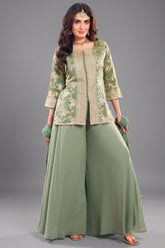 Green Tissue Woven Palazzo Suit - Front View