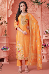 Designer Orange Art Silk Woven Straight Cut Suit for festive wear