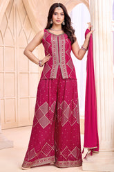 Designer Rani Pink Georgette Woven Palazzo Suit for festive wear