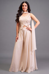 Off White Art Silk Asymmetrical Palazzo Suit - Front View