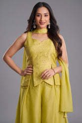 Close-up of asymmetrical cut and art silk fabric on Light Yellow Palazzo Suit