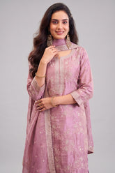 Close-up of intricate thread embroidery on Mauve Pink Tissue Silk Suit fabric