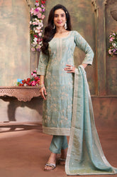 Designer Light Pista Green Tissue Thread Embroidered Straight Cut Suit for festive wear
