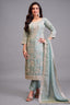 Light Pista Green Tissue Thread Embroidered Straight Cut Suit - Front View
