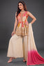 Cream Chinon Crepe Silk Floral Printed Peplum Mirror Worked Palazzo Suit - Front View