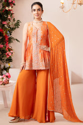 Designer Orange Chinon Chiffon Printed Peplum Palazzo Suit for festive wear