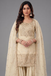 Close-up of Lucknowi embroidery and sequins on Cream Tissue Sharara Suit