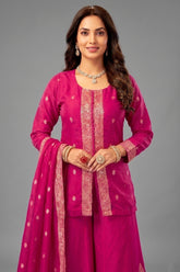 Close-up of woven organza fabric and texture on Rani Pink Palazzo Suit