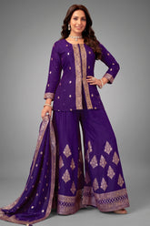 Indigo Purple Organza Woven Palazzo Suit with Floral Patterns - Front View