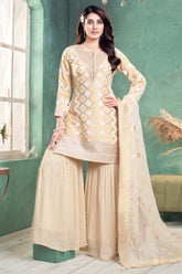 Elegant Cream Georgette Bandhej Sharara Suit for festive wear and weddings