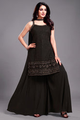Black Georgette Lucknowi Worked Palazzo Suit with Chikankari Embroidery - Front View