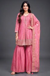 Light Pink Tissue Silk Sharara Suit with Floral Embroidery Front View