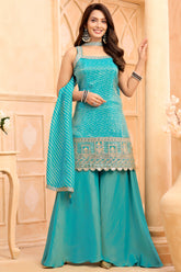 Designer Turquoise Blue Tissue Printed Palazzo Suit for festive and wedding wear
