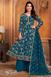 Elegant Prussian Blue Crepe Silk Sequin Worked Anarkali Suit for weddings