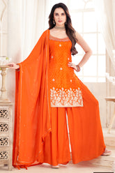 Designer Orange Chinon Chiffon Palazzo Suit with dupatta for festive wear