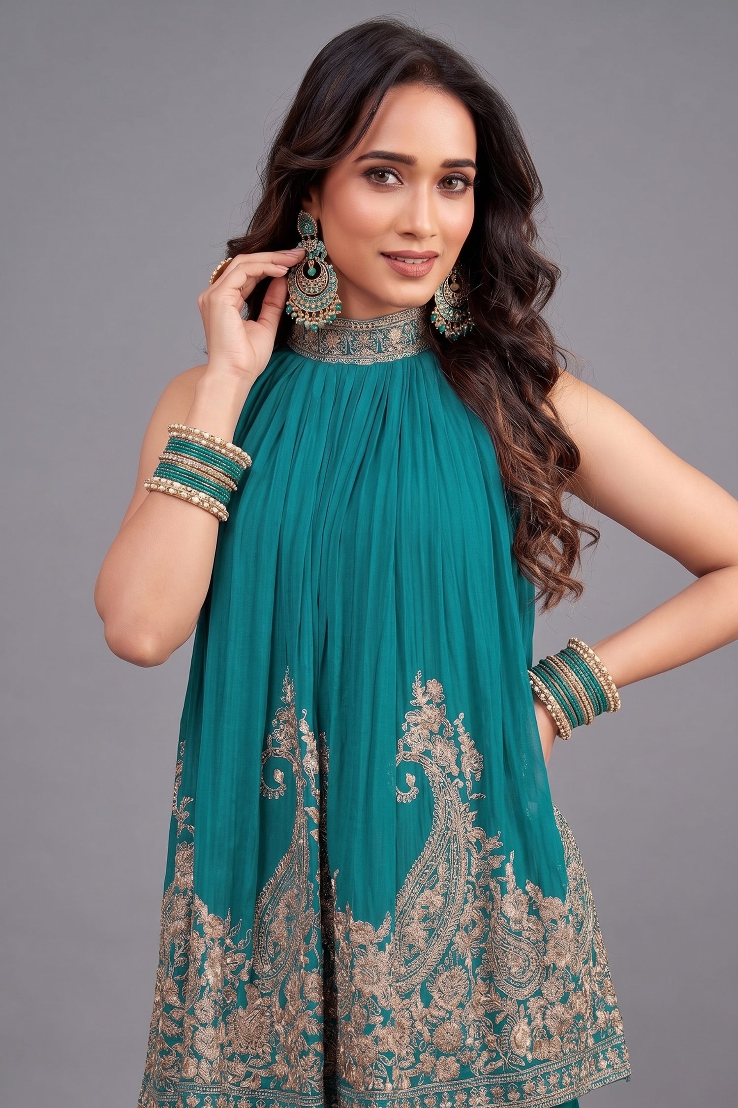 Turquoise Blue Georgette High Neck Sequin Embroidered Sharara Set - red georgette saree embroidered