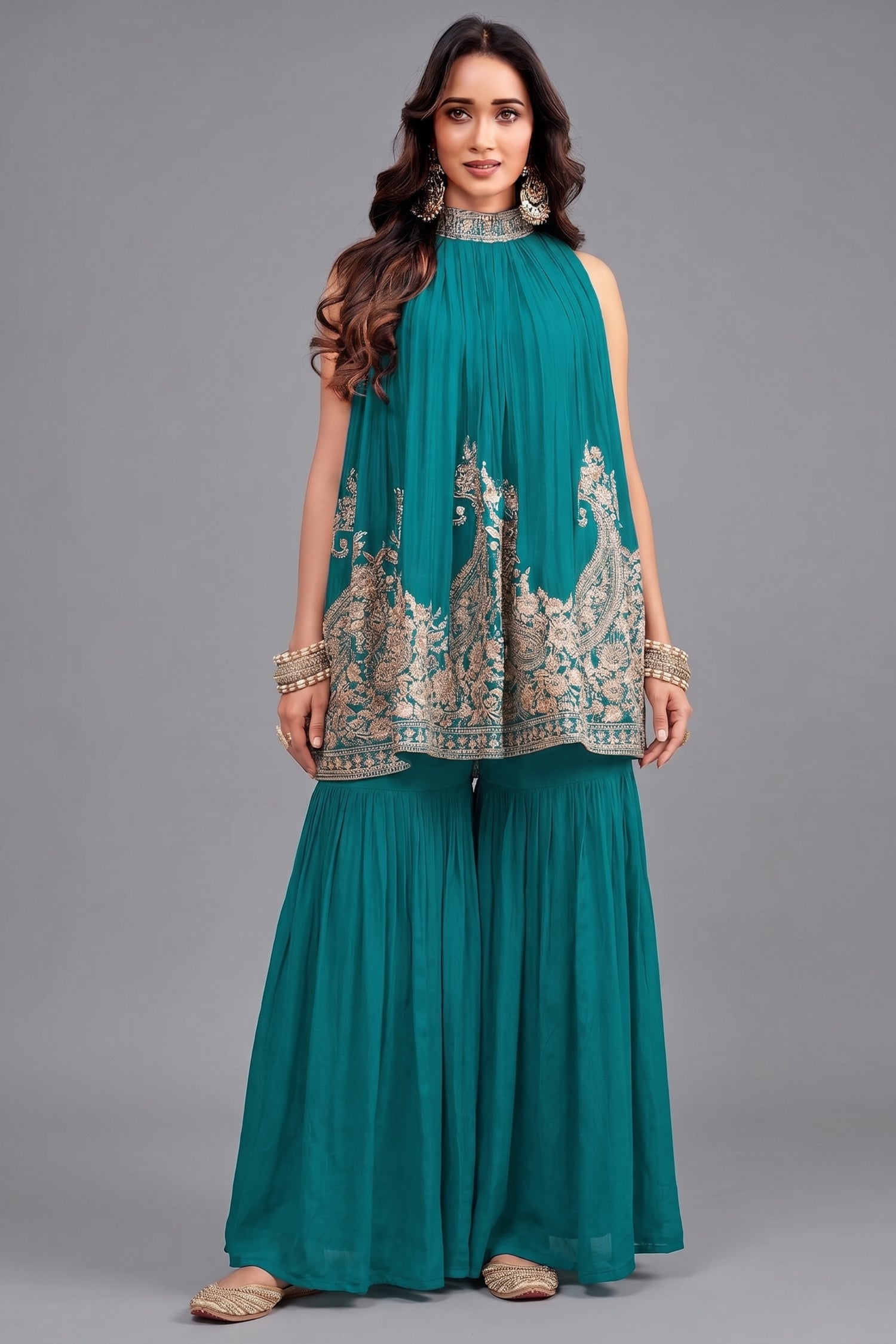 Turquoise Blue Georgette High Neck Sequin Embroidered Sharara Set - red georgette saree embroidered