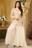 Off white georgette palazzo suit with intricate sequin and cutdana handwork.