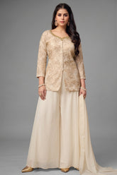 Off White Georgette Sequin and Cutdana Worked Palazzo Suit - white georgette saree