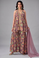 Onion pink tissue floral printed sharara suit with sequin embroidery.
