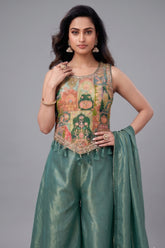 Green Crepe Silk Printed Top and Palazzo Set - green silk saree