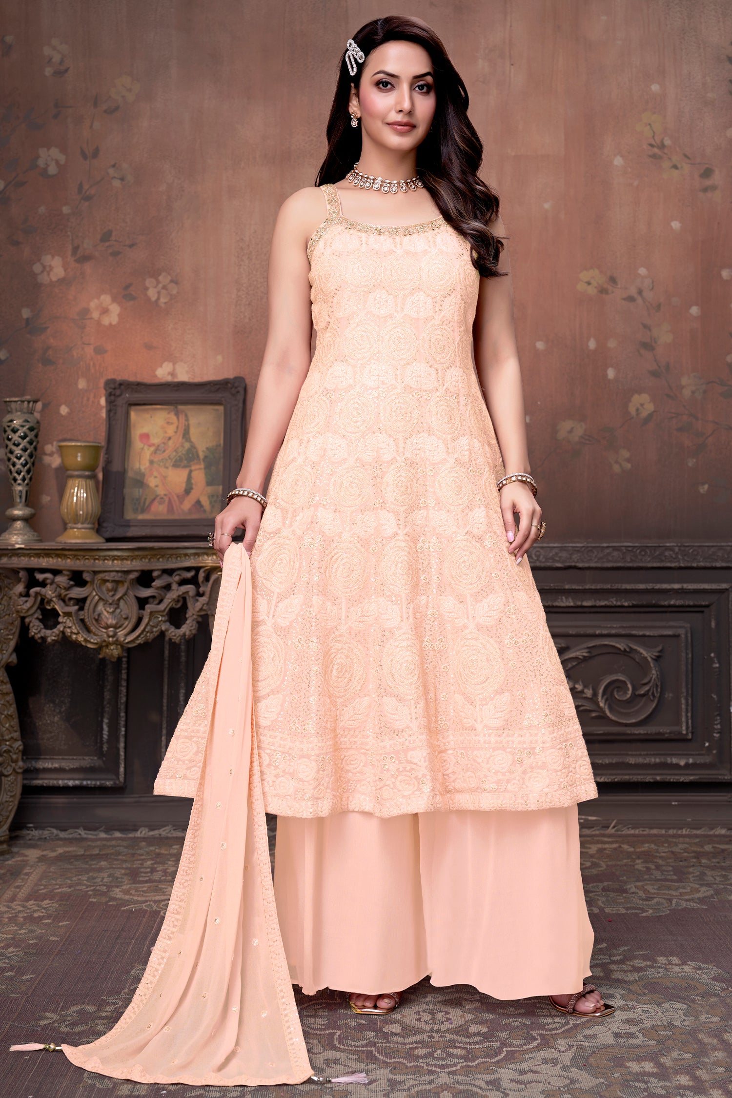 Light Peach Georgette Floral Embroidery and Sequin Worked Anarkali Suit - peach georgette saree embroidery