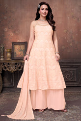 Light Peach Georgette Floral Embroidery and Sequin Worked Anarkali Suit - peach georgette saree embroidery