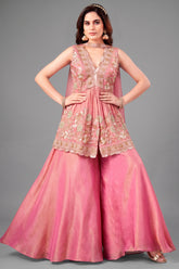 Front view of Pink Tissue Silk Peplum suit with heavy beads and cutdana handwork.