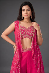 Pink Chinon Silk Crop Top Palazzo Set with Jacket