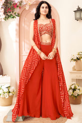 Orange Chinon Silk Crop Top Palazzo Set with Jacket