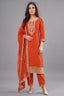 Orange Art Silk Straight Cut Suit with Sequin and Embroidery Work