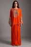 Orange Satin Sequin and Embroidery Worked Kaftan Style Top with Draped Skirt