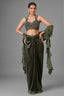Dark Olive Green Net Hand-Embellished Bustier Draped Skirt Set with Cascading Ruffled Dupatta