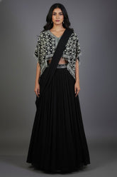 Black Chinon Silk Pre Drape Lehenga Saree with Sequin Cutdana Worked Poncho Cape