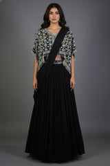 Black Chinon Silk Pre Drape Lehenga Saree with Sequin Cutdana Worked Poncho Cape