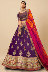 Purple Embroidered Butta Lehenga in Viscose with Elephant Motifs On Golden Border